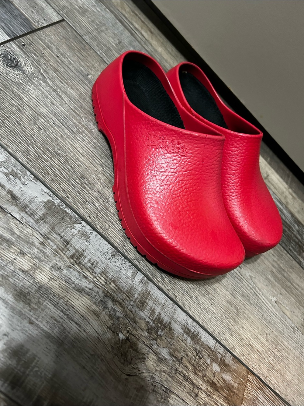 bright red Birkenstock Super-Birki polyurethane clogs w